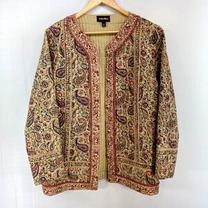 Indigo Moon Beige Paisley Quilted Open Front Jacket Sequins Womens Large